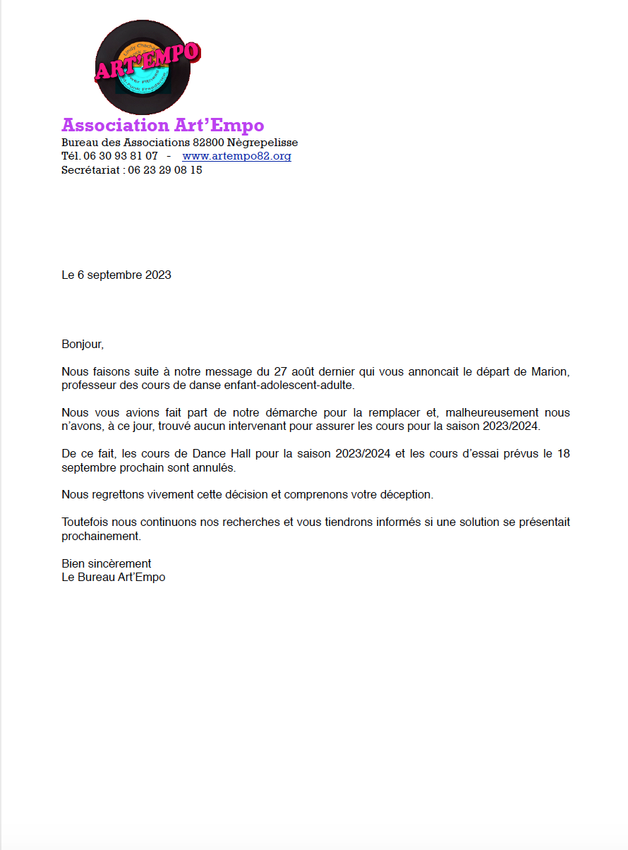 Courrier annulation site
